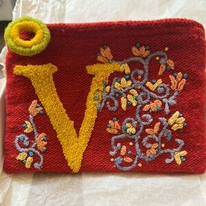 Jenny Krauss Red Embroidered Wool Pouch with Yellow "V" Initial-Pre-Owned